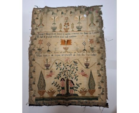 An 18th Century embroidered sampler, unframed, worked by Mary Burgels aged 10 years in the year 1796, of written verse with t