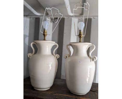 A pair of vintage amphora porcelain twin handled table lamps, 35cm hLocation:If there is no condition report shown, please re