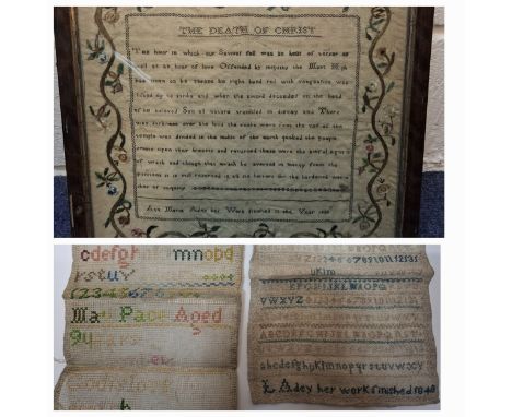 An 1830 embroidered sampler worked by Maria Adey depicting religious verse surrounded by floral vines, stretched, mounted and