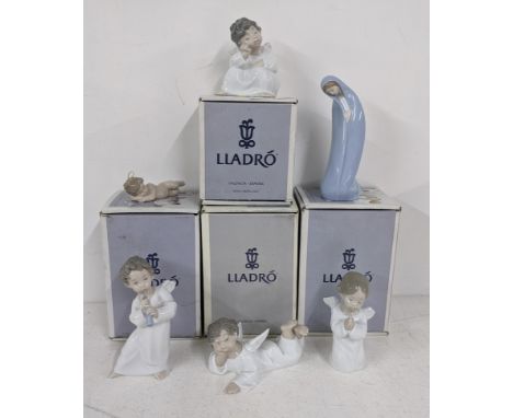 Lladro - Six figures to include Angel Praying 040538, Angel Thinking 04539, Angel Laying Down 04541, Angel With Flute 04540 a