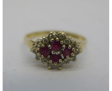 A 9ct gold, ruby and diamond ring, 1.9g, M