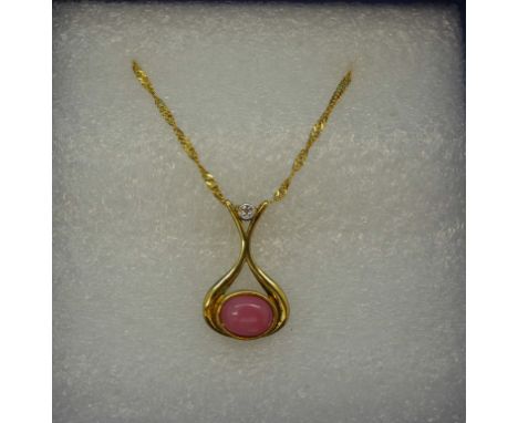 A silver gilt, pink opal and diamond pendant on chain