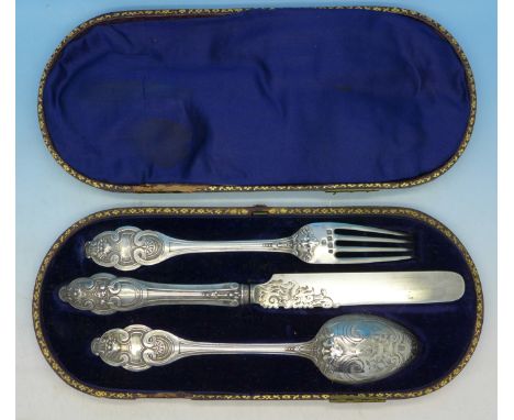 A Victorian silver knife, fork and spoon set, cased, Sheffield 1856/57, Henry Wilkinson & Co., case a/f