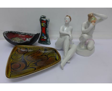 A Poole Pottery Aegean dish, a Hollohala figure and one other Hungarian figure and an Italian vase and dish