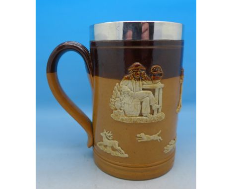 A silver mounted Royal Doulton tankard with hunting scene, 13.5cm