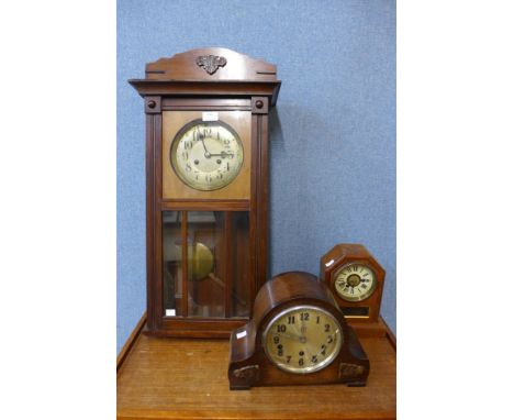 A beech wall clock, Art Deco oak mantel clock and another 