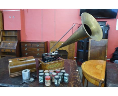 An oak cased Edison Concert Phonograph, no. C8016, with brass horn speaker, wax cylinders, etc. 