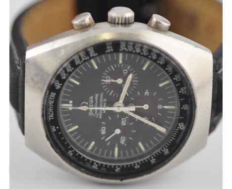A gentleman's stainless steel Omega Speedmaster Professional Mark II chronometer wristwatch, black dial on leather strap with