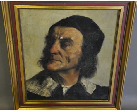 19th Century Continental school, head and shoulder portrait of a man, oil on board, 38 x 31cm