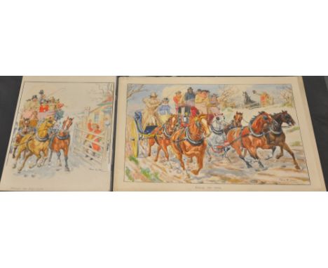 Frank R. Grey (20th Century British), two pencil and watercolour coaching illustration, 'Racing the mail' and 'Through the to