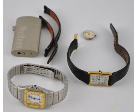 A Cartier style gent's stainless steel wristwatch together with a gold-plated ladies wristwatch, cigarette lighter and sundri