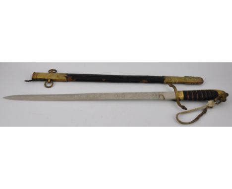 A George V naval officer's short sword with fish skin grip the 46cm etched blade within a gilt metal leather scabbard