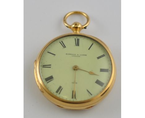 A mid 19th century 18ct gold keywind open faced pocket watch by Barrand and Lunds, London.  Circular white enamel dial marked