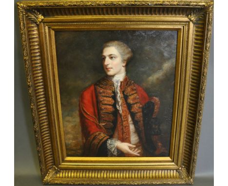 An 18th Century style portrait on canvas of a gentleman in embroidered red military tunic, 60 x 50