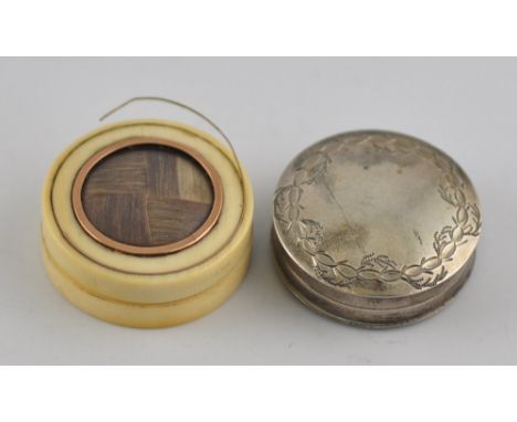 A George III silver patch box, circular leaf engraved pull off cover, Birmingham, 1800, by Samuel Pemberton together with an 