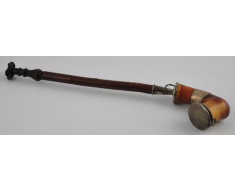 An early 20th Century German white metal mounted pipe with horn bowl, L. 43 cms