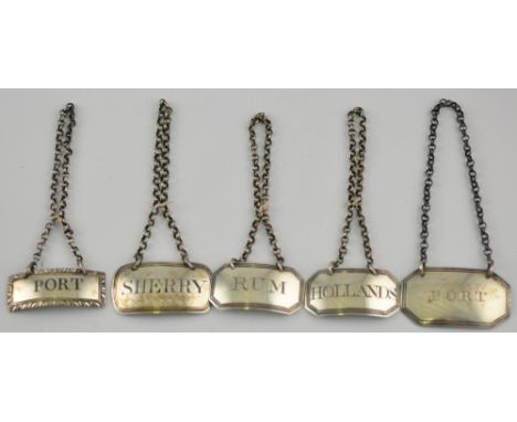 Five early 19th Century rectangular silver decanter labels Port, Sherry, Rum and Holland