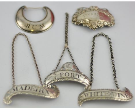 Five early 19th Century silver decanter labels, white wine, Port, Rum and Madeira