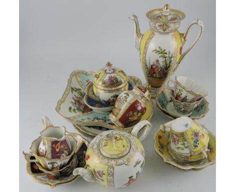 A collection of 19th/20th Century Meissen, Dresden and German teaware, including teapot with Augustus Rex mark, coffee pot wi