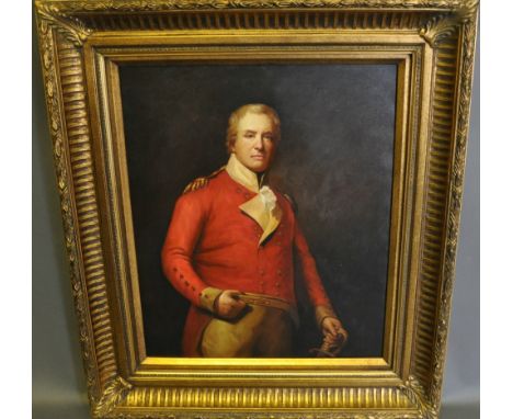 An 18th Century style portrait on canvas depicting a cavalry officer in red tunic, in giltwood frame, 60 x 50cm