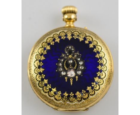 A late 19th century Swiss 18ct gold dress hunter keyless pocket watch, the blue enamel, paste set case with inner engraved in
