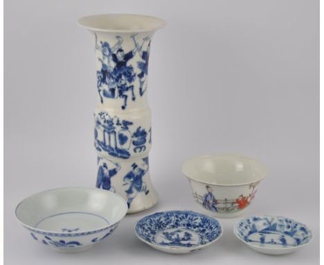 A selection of Chinese Qing period porcelain ceramics including a blue and white Gu shaped vase (H26cm), decorated with mount