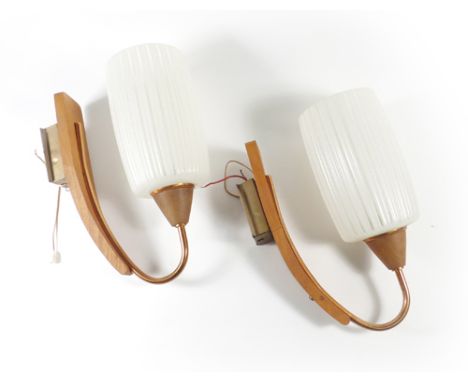 An amber glass three branch chandelier and a pair of teak wall lights CONDITION REPORT: Working order unknown