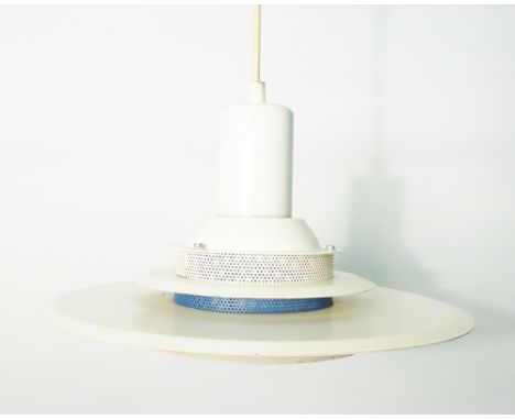 A 1970's white enamelled four tier ceiling light with a blue pierced band CONDITION REPORT: Working order unknown, some wear 