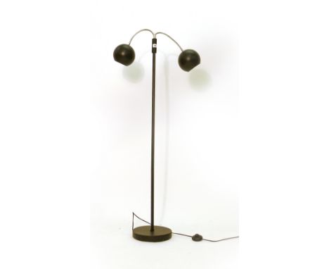 A 1970's black enamelled twin spot standard lamp CONDITION REPORT: Working order unknown, knocks and dents, lead cut