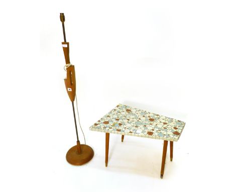 A 1960/70's teak and brass standard lamp, together with a 1950's mosaic coffee table CONDITION REPORT: Heavy wear for both, w