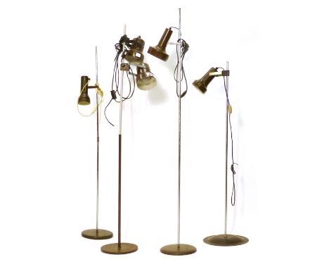 A group of four 1970's brown enamelled standard lamps including one twin spot lamp CONDITION REPORT: Working order unknown, k