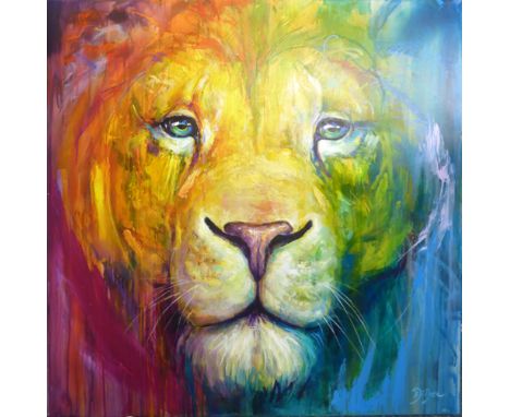 Buster Fisher,A study of male lion,signed,acrylics on canvas,100 x 100 cm CONDITION REPORT: Some information from the artists
