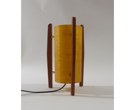A 1970's miniature rocket lamp, the spun plastic orange shade on three teak supports CONDITION REPORT: Re-wired, working orde
