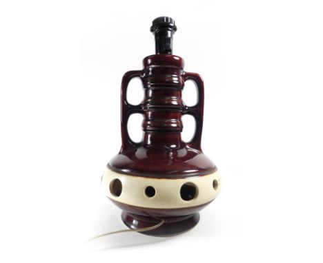 A 1970's pottery two handled table lamp base decorated in treacle glazes, h. inc. fitments 43 cm CONDITION REPORT: Working or