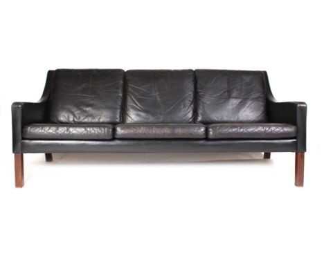 A three seater dark brown leather sofa on square feet in the manner of Borge Mogensen, w. 172 cm