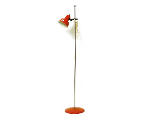 A 1970's red enamelled and chromed standard lamp CONDITION REPORT: Working order unknown, knocks and dents, lead cut
