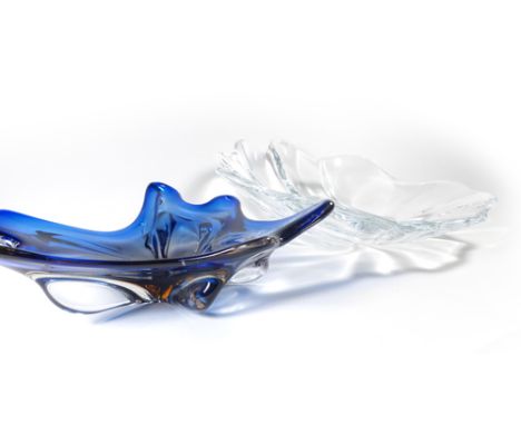 A Holmegaard clear glass leaf dish, boxed and two items of coloured glassware (3)