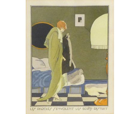 After Ettore Tito (1859-1941), a lady checking a jacket pocket, hand coloured pochoir print, 24 x 17 cm  CONDITION REPORT: Fr
