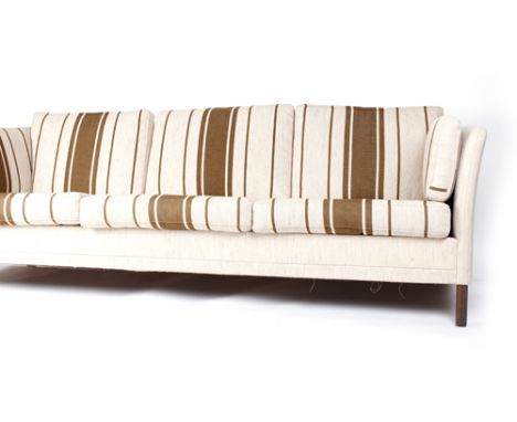 A London-style cream and brown striped wool three seater sofa on square feet, w. 210 cm