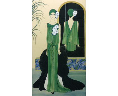L.. J.. Green,A full length study of an Art Deco beauty,signed,pen, ink and gouache,70 x 39.5 cm CONDITION REPORT: Some minor