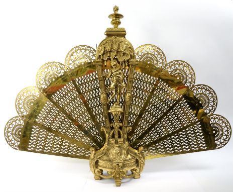 Brass peacock fan fire screen cast with a dancing figure, H 79cmCondition Report:  Generally the surfaces of this firescreen 