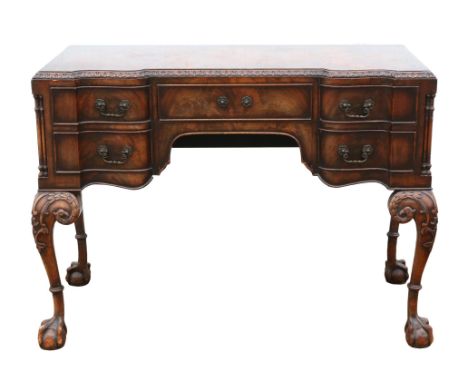 A George III Chippendale style mahogany dressing table, the top flame veneered, H 80cm, W 107cm, D 52cmCondition Report:  Han