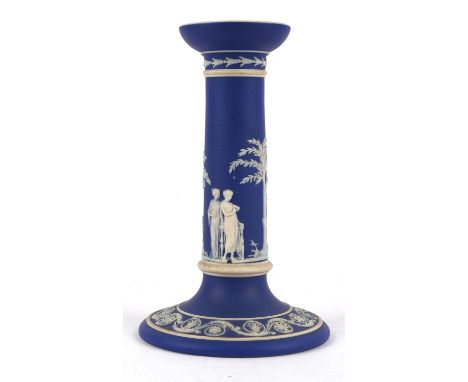 Wedgwood blue jasper candlestick, 19th Century, applied with friezes of classical figures, impressed marks to base, 18cm high
