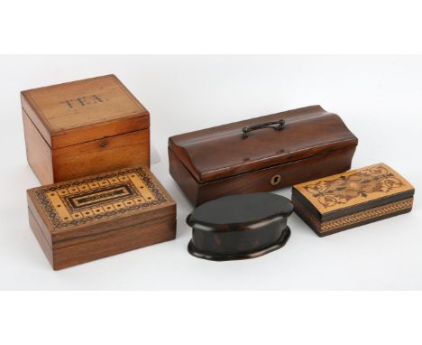 Victorian Tunbridge ware whist box, 13cm wide, together with a square beech and penwork tea caddy, a 19th Century rosewood ca