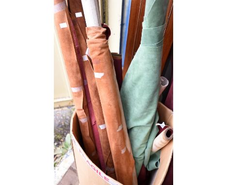 Various rolls of leather and leather hides, to include three panels of red leather, 100x 70/80cm, three panels of light brown