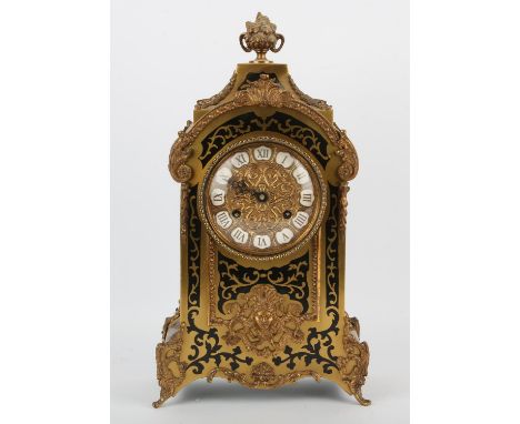 A modern boulle work mantel clock with two train movement and two hammers striking on a single bell. Height 39cm