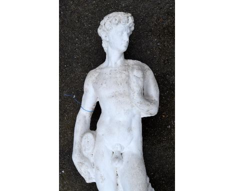 A white painted reconstituted stone sculpture of David, after Michelangelo, the man 117cm high, the plinth 38cm high