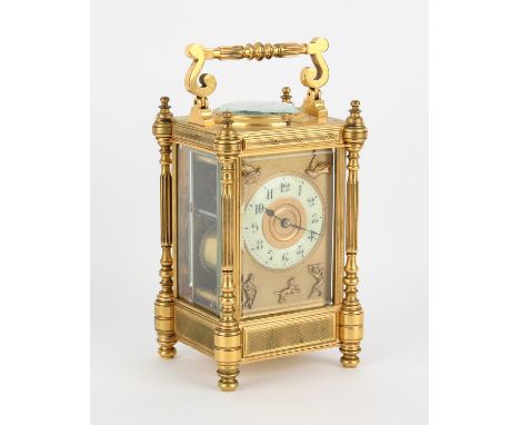 French brass carriage clock, 20th Century, with reel form handle, the case with fluted pillars and matted panels, the dial wi