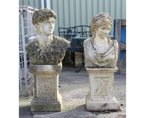 Pair of busts of David, after Michelangelo, and a lady, on  square plinths,  the busts 55cm high, the plinths 44cm high (4)