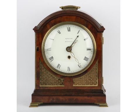 A late 19th century mahogany cased bracket clock.  The white enamelled dial detailed NEWTON BURNLEY with single train movemen